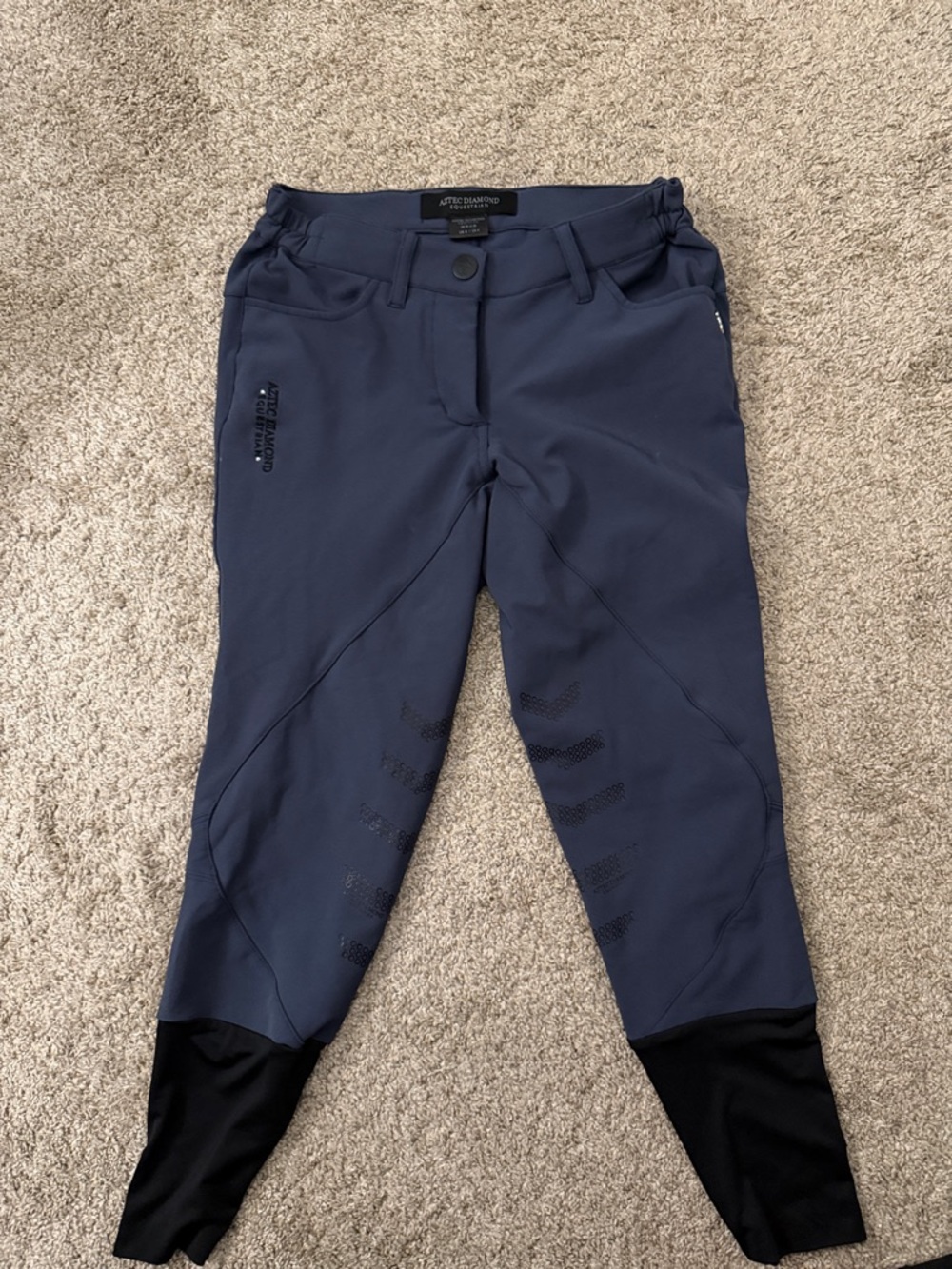Aztec diamond equestrian steel blue knee patch breech